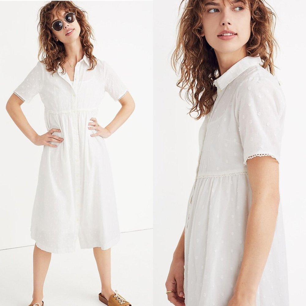 Madewell White Empire Waist Clipdot Midi Shirtdress